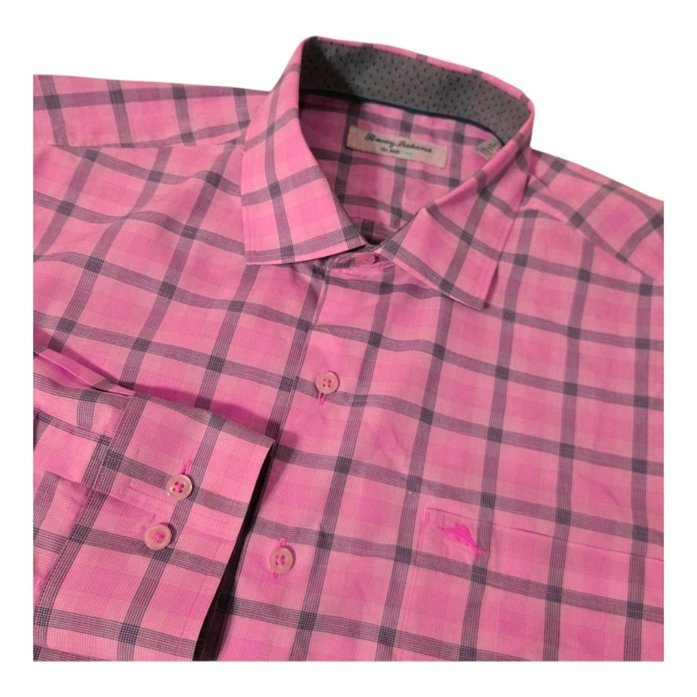 Tommy Bahama Island Zone L Pink Plaid‎ Polo Shirt Long Sleeve  Stretch EUC